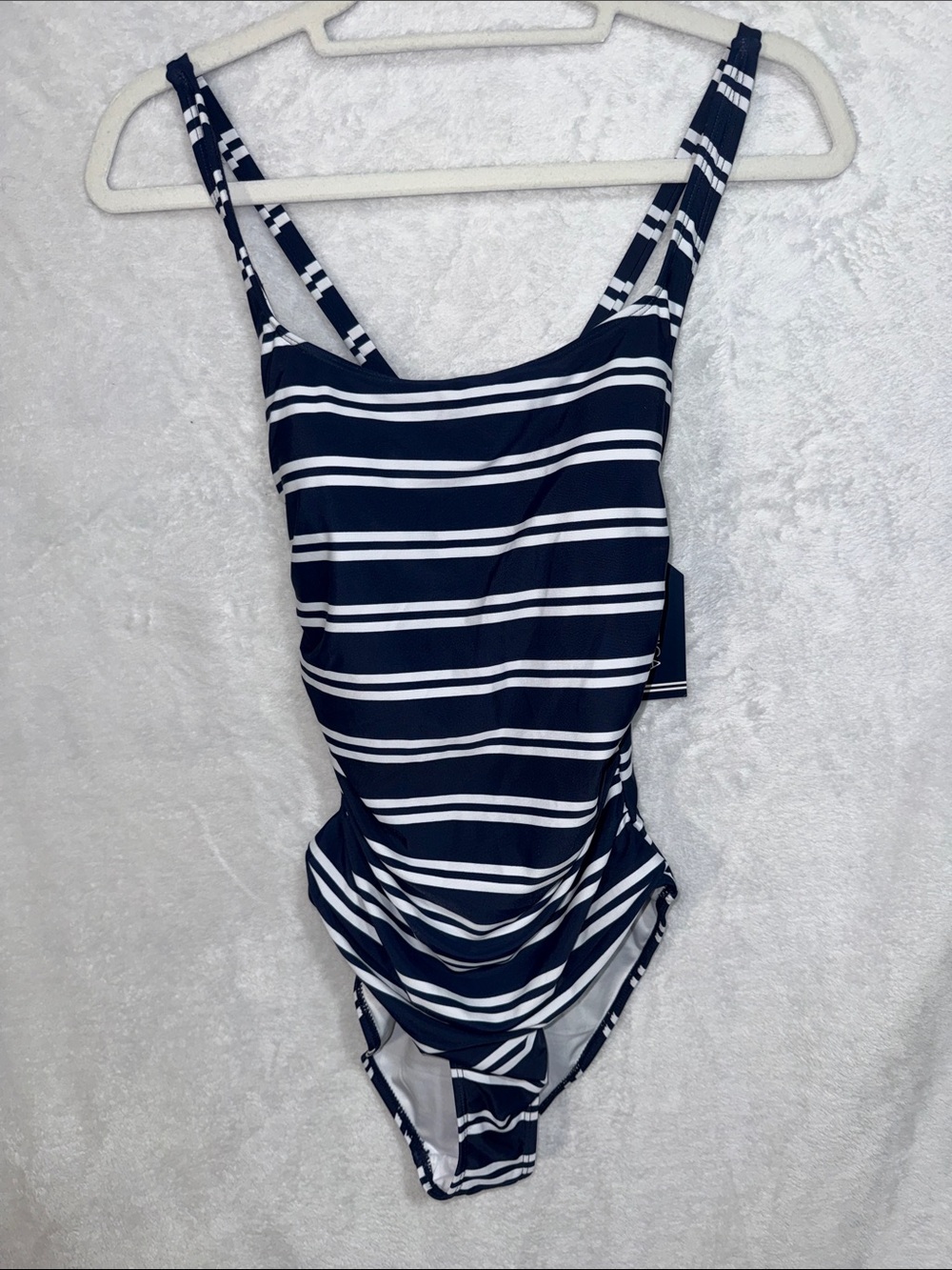 Nautica Navy and White Striped One-Piece Swim Suit with Keyhole Back Ajdustable